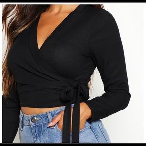 Petite Rib Wrap Front Tie Detail Top